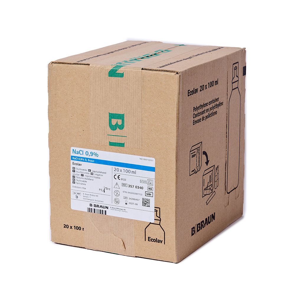 Braun natriumklorid 0,9%, i flaske, sterilt, 20 x 100 ml