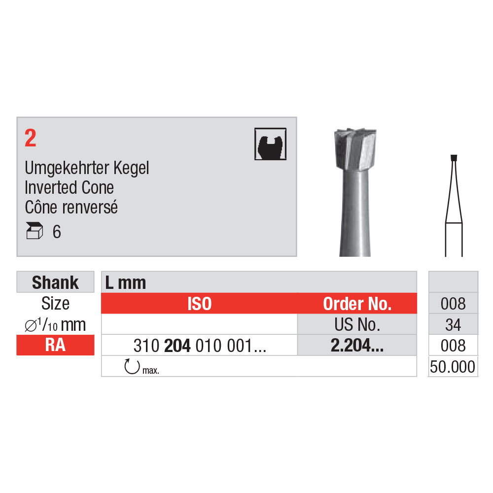 Edenta stålbor omv. kegle 008 RA, 6 stk.