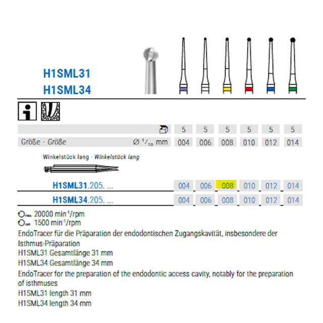 Komet EndoTracer bor H1SML31, RAL,  gul, str. 008, 5 stk.