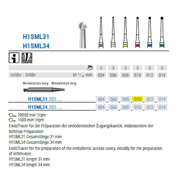 Komet EndoTracer bor H1SML31, RAL,  rød, str. 010, 5 stk.