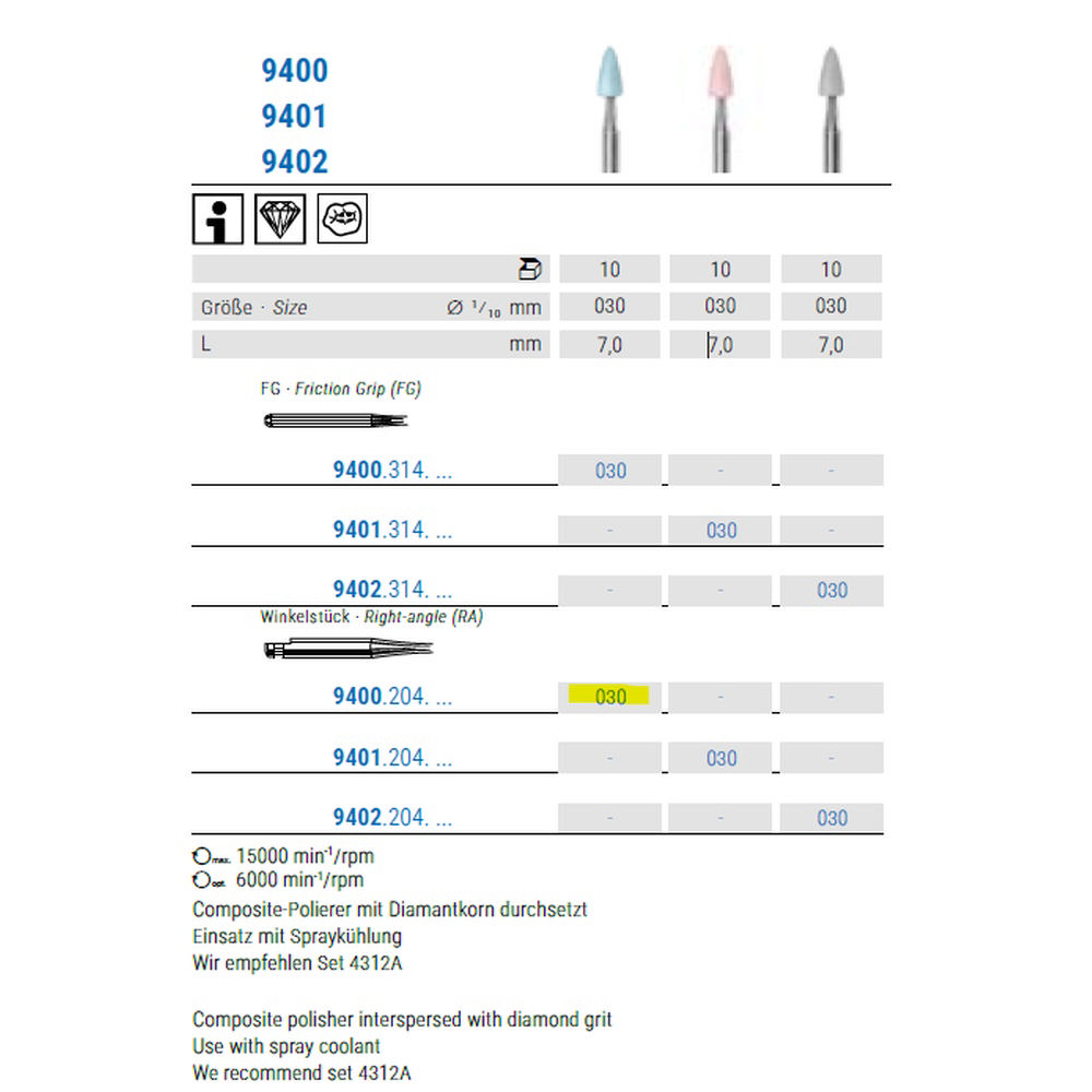 Komet kompositpolerere, point, RA 9400/030, blå, 5 stk.