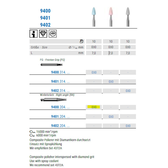 Komet kompositpolerere, point, RA 9400/030, blå, 5 stk.