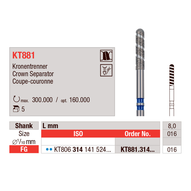 Edenta KT-diamant Crown Cutter FG KT881/016, 5 stk